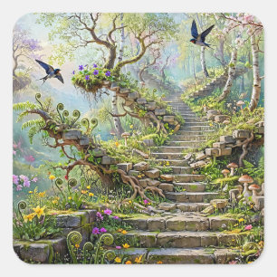 Surreal Springtime Stairway Swallows Wildflowers Square Sticker