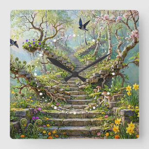 Surreal Springtime Stairway Swallows Wildflowers Square Wall Clock