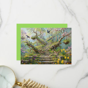 Surreal Springtime Stairway Swallows Wildflowers Thank You Card