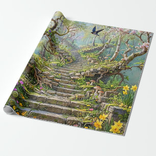 Surreal Springtime Stairway Swallows Wildflowers Wrapping Paper