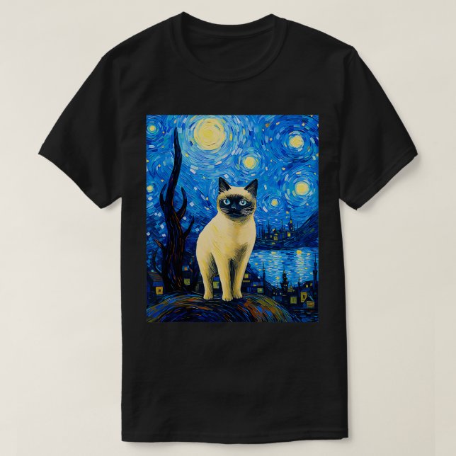 Surreal Starry Night Siamese Cat  T-Shirt (Design Front)