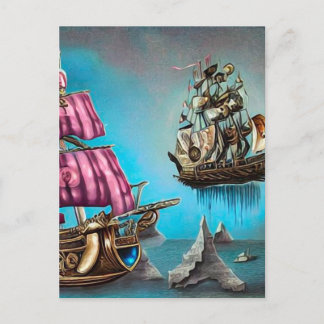Surreal Steampunk Floating Ship & Pink Sails Postcard