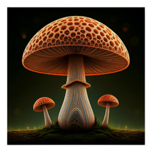 Surreal Straw Mushroom Digital Watercolor Art Poster