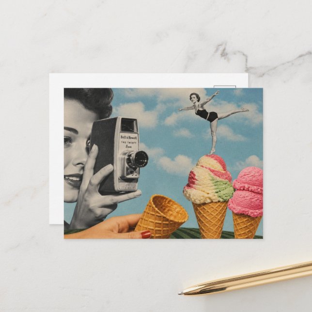 Surreal Summertime Collage Icecream Swim Postcard (Front/Back In Situ)