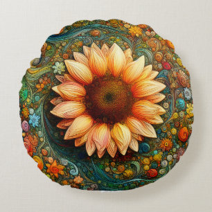 Surreal Sunflower Symphony Round Cushion