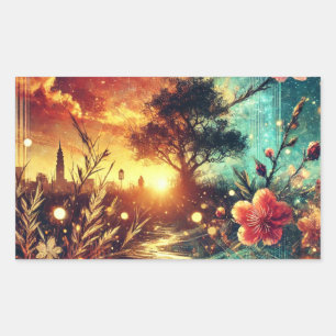 Surreal Sunset and Floral Skyline Artwork Rectangular Sticker