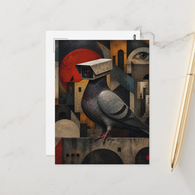 surreal surveillance camera pigeon postcard (Front/Back In Situ)