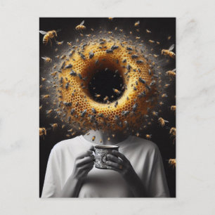 Surreal Tea Time Bees Honeycomb Black Hole Head Postcard