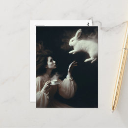 Surreal Tea With the White Bunny Black and White  Postcard