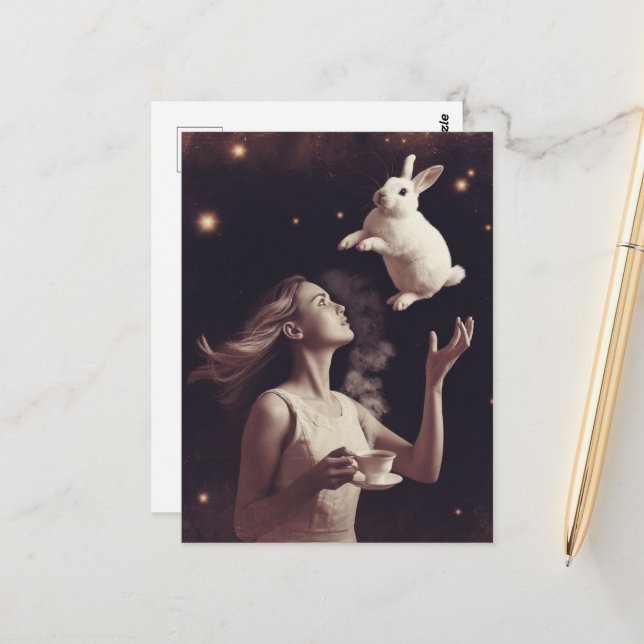 Surreal Tea With the White Bunny Postcard (Front/Back In Situ)