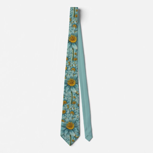 Surreal Teal Sunflowers Yellow Pale Blue Tie (Front)