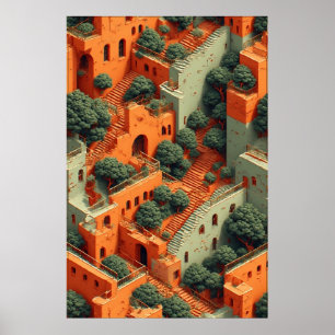 Surreal Terraced Village with Trees and Stairways Poster