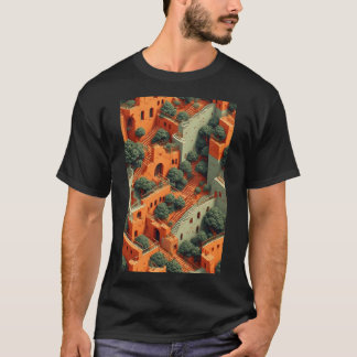 Surreal Terraced Village with Trees and Stairways T-Shirt