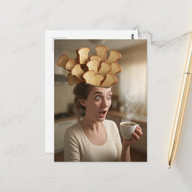 Surreal Toast Head Breakfast Woman With Coffee Postcard (Front/Back In Situ)