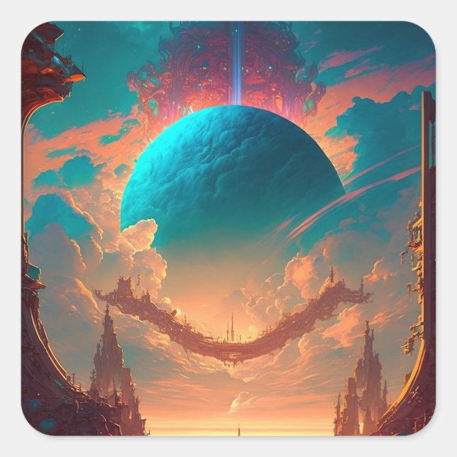 Surreal Towers Planet Visionary Landscape Square Sticker (Front)