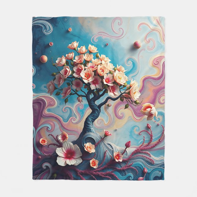 Surreal Tree with Blooming Flowers Fleece Blanket (Front)