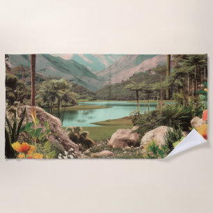 Surreal Tropical Lake With Palm Trees Beach Towel