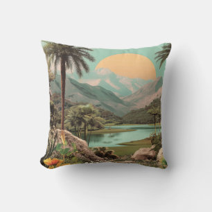 Surreal Tropical Lake With Palm Trees Cushion