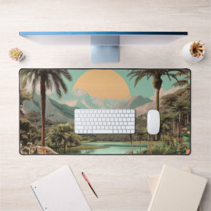 Surreal Tropical Lake With Palm Trees Desk Mat
