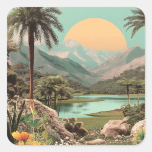 Surreal Tropical Lake With Palm Trees Square Sticker