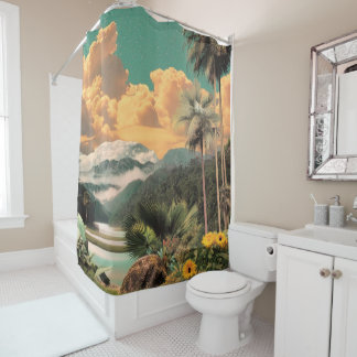 Surreal Tropical Valley With Palm Trees Shower Curtain