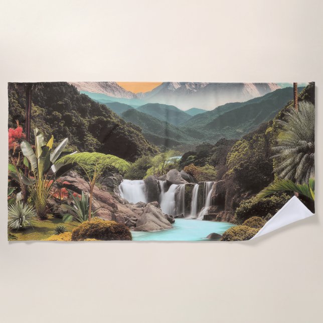 Surreal Tropical Valley With Waterfalls Beach Towel (Front)