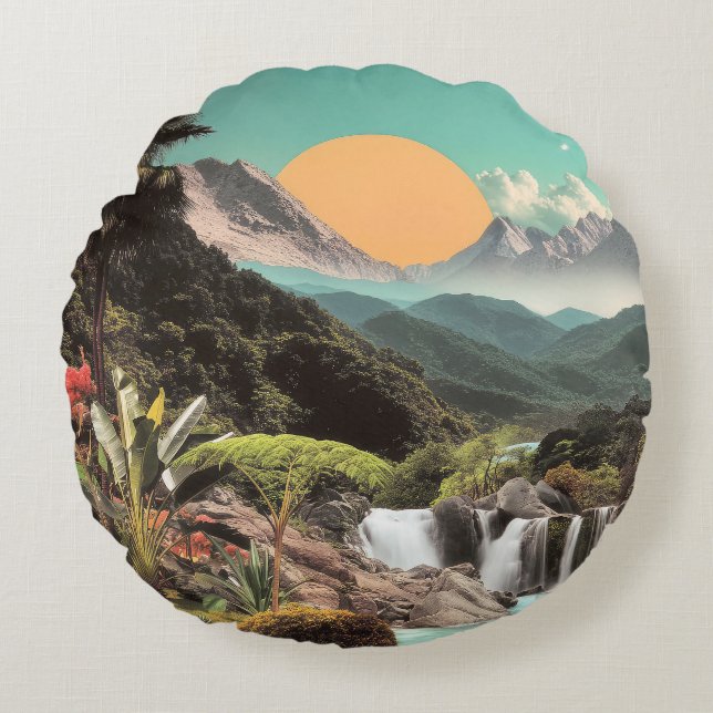 Surreal Tropical Valley With Waterfalls Round Cushion (Front)