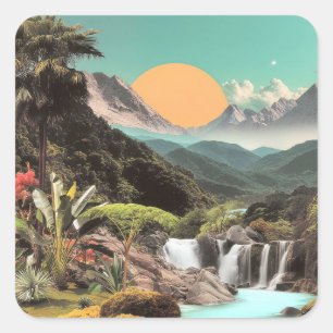 Surreal Tropical Valley With Waterfalls Square Sticker