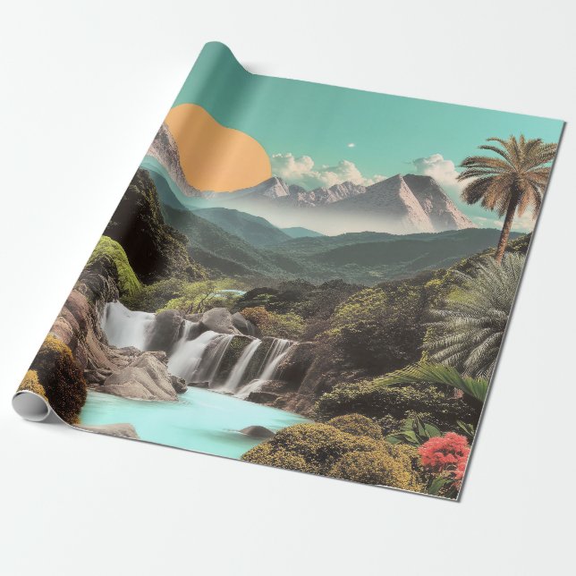Surreal Tropical Valley With Waterfalls Wrapping Paper (Unrolled)