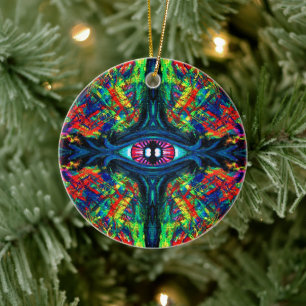 Surreal Twisted Trippy Eye Visionary Oil Painting  Ceramic Tree Decoration