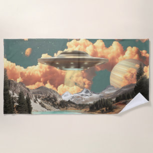 Surreal UFO Above Mountain Lake with Planets Beach Towel
