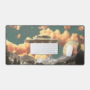 Surreal UFO Above Mountain Lake with Planets Desk Mat