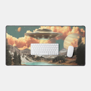 Surreal UFO Above Mountain Lake with Planets Desk Mat