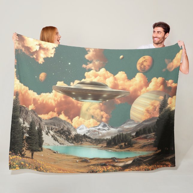 Surreal UFO Above Mountain Lake with Planets Fleece Blanket (In Situ)