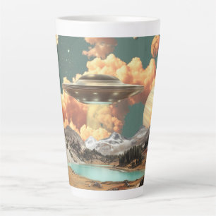 Surreal UFO Above Mountain Lake with Planets Latte Mug