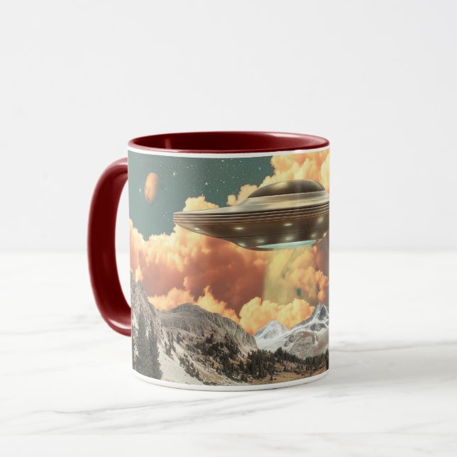 Surreal UFO Above Mountain Lake with Planets Mug (Front Left)
