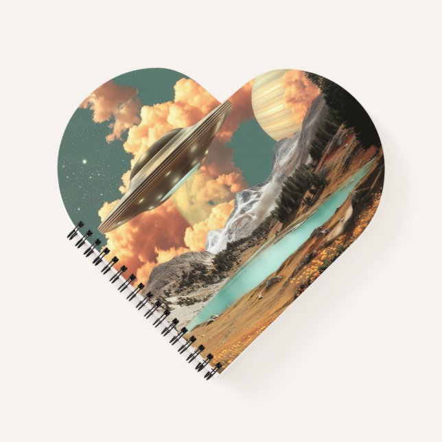 Surreal UFO Above Mountain Lake with Planets Notebook (Front)