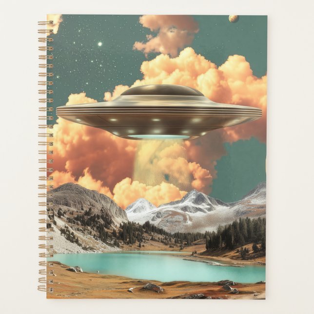 Surreal UFO Above Mountain Lake with Planets Planner (Front)