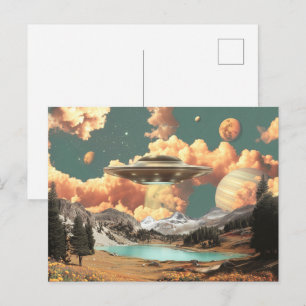 Surreal UFO Above Mountain Lake with Planets Postcard