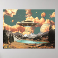 Surreal UFO Above Mountain Lake with Planets