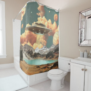 Surreal UFO Above Mountain Lake with Planets Shower Curtain
