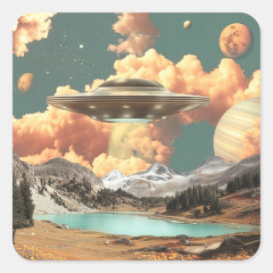 Surreal UFO Above Mountain Lake with Planets Square Sticker