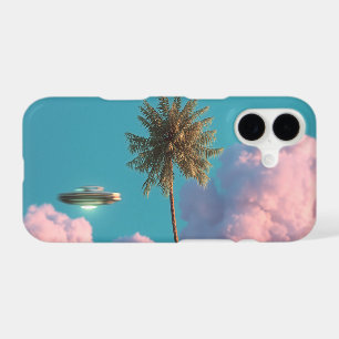 Surreal UFO and Palm Tree Mountain Scene