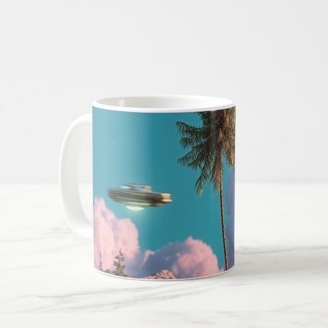 Surreal UFO and Palm Tree Mountain Scene Coffee Mug (Front Left)