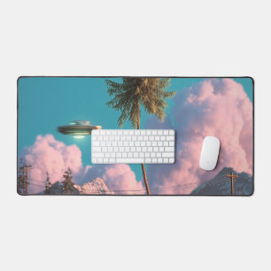 Surreal UFO and Palm Tree Mountain Scene Desk Mat