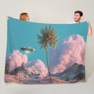 Surreal UFO and Palm Tree Mountain Scene Fleece Blanket