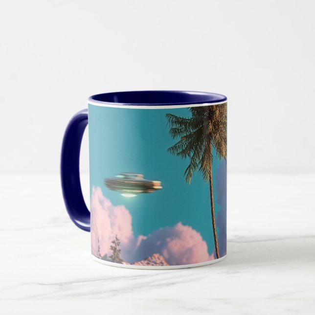 Surreal UFO and Palm Tree Mountain Scene Mug (Front Left)