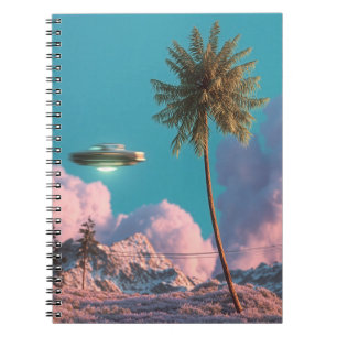 Surreal UFO and Palm Tree Mountain Scene Notebook