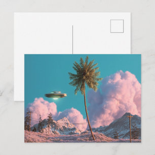 Surreal UFO and Palm Tree Mountain Scene Postcard