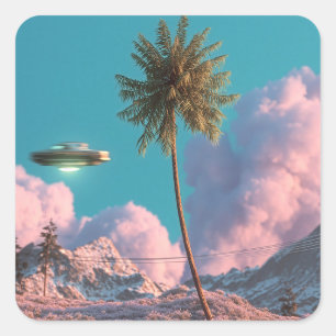 Surreal UFO and Palm Tree Mountain Scene Square Sticker